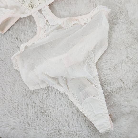 NEW We Are Hah Key To Your Heart Cream Pink Mesh Teddy Bodysuit - Picture 6 of 10